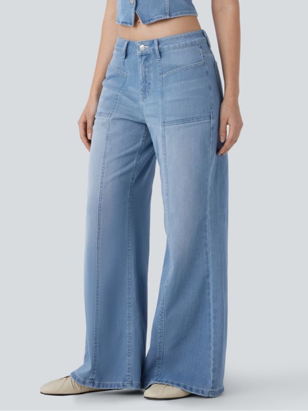 Halara Flex™ Low Rise Zipper Pockets Baggy Wide Leg Flare Washed - Picture 3 of 4